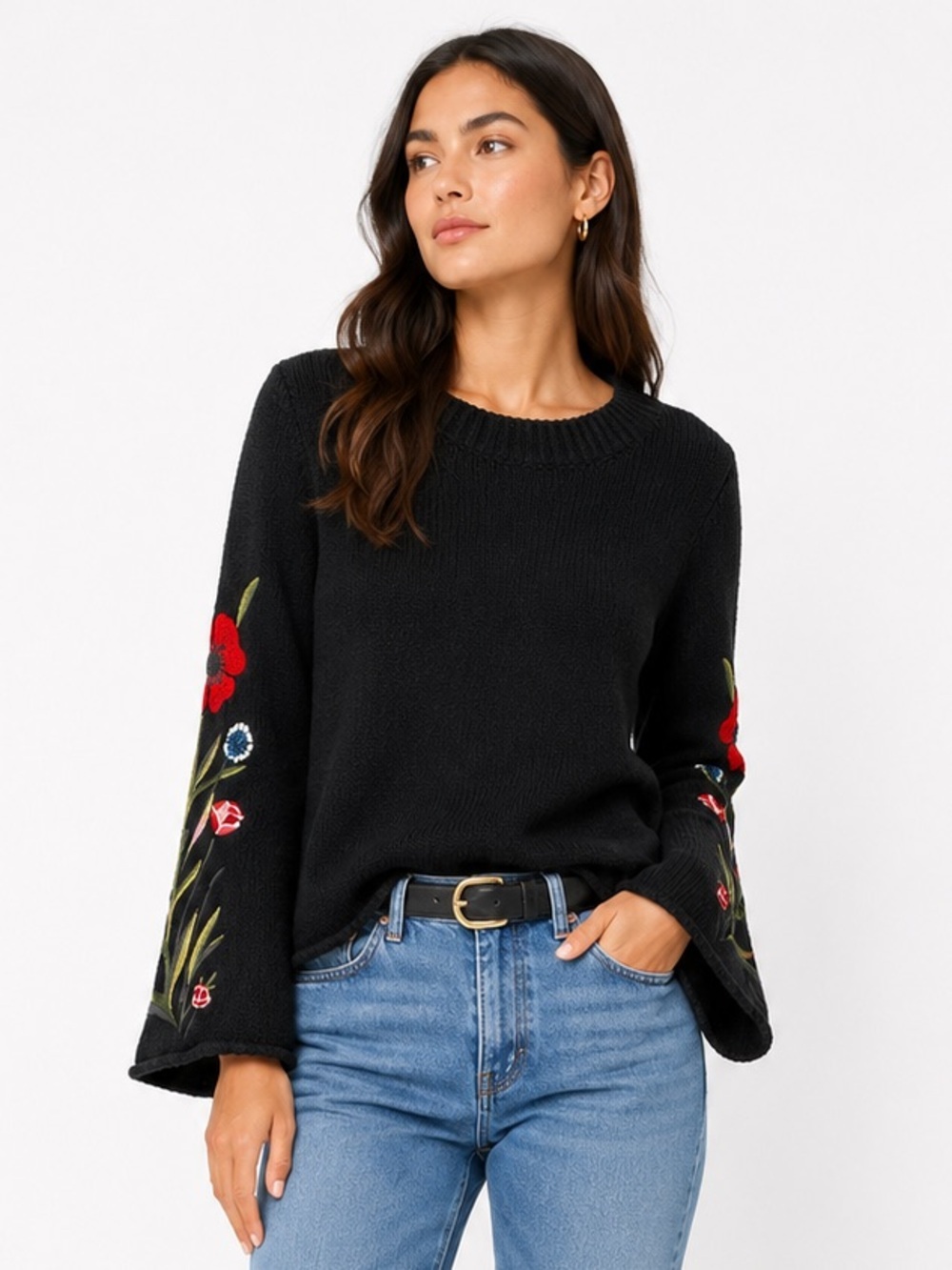 Romeo + Juliet Couture Embroidered Bell Sleeve Sweater Floral Black Size L